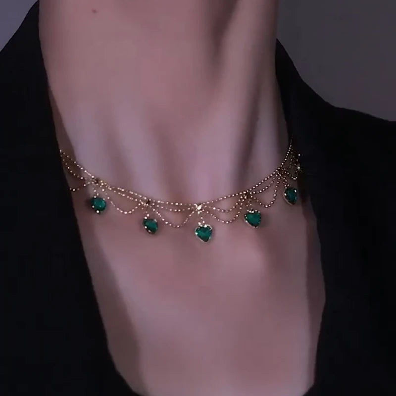 Vintage Emerald Zircon Heart Necklace Layered Green Crystal Choker
