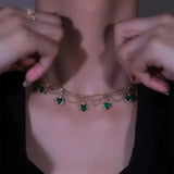 Vintage Emerald Zircon Heart Necklace Layered Green Crystal Choker