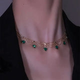 Vintage Emerald Zircon Heart Necklace Layered Green Crystal Choker