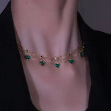 Vintage Emerald Zircon Heart Necklace Layered Green Crystal Choker