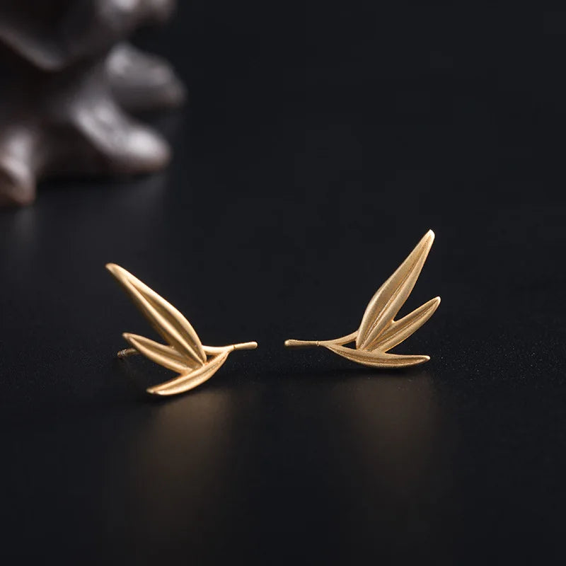 925 Sterling Silver Bamboo Leaves Stud Earrings for Women