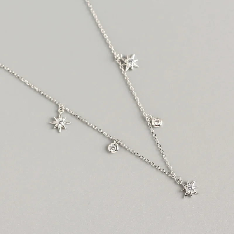 925 Silver Chain Necklace Geometric Stars Zircon Fine Jewelry
