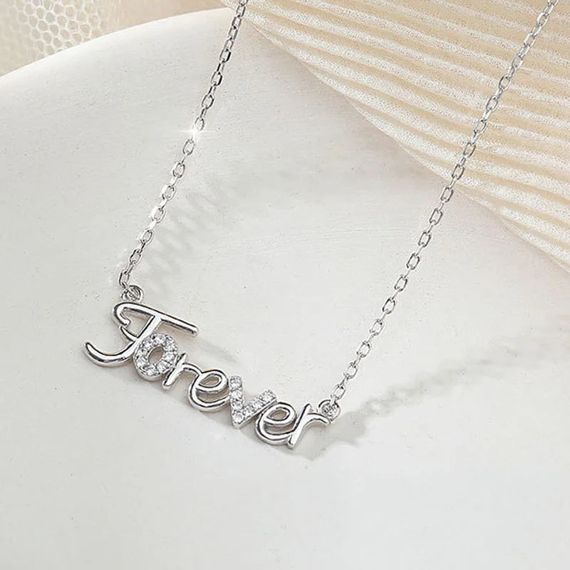 925 Silver Link Chain Necklaces Zircon Forever Letters Pendant YMN213