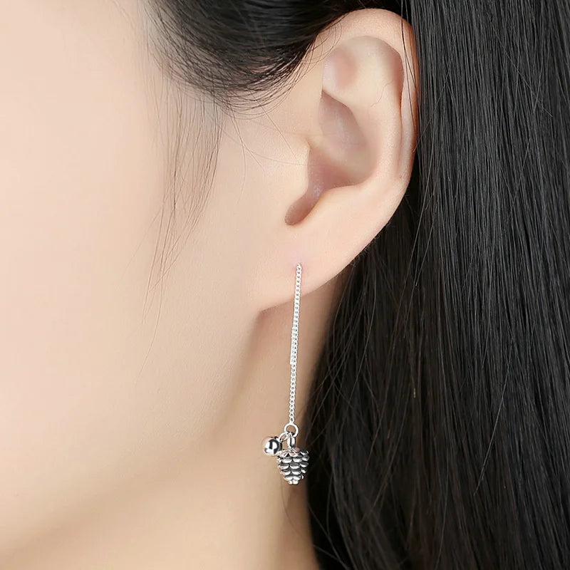 Sterling Silver Pinecone Long Dangle Earrings Vintage Fine Jewelry