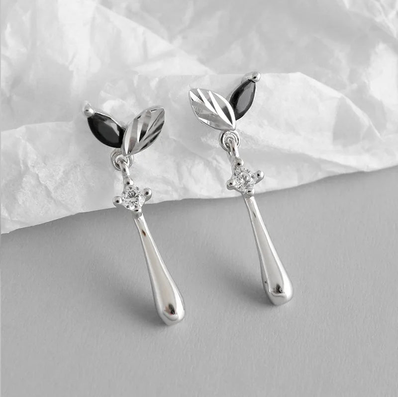 925 Sterling Silver Leaves Drop Dangle Earrings with Zircon Stones