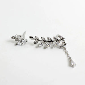 925 Silver Asymmetric Leaf Zircon Stud Earrings for Women