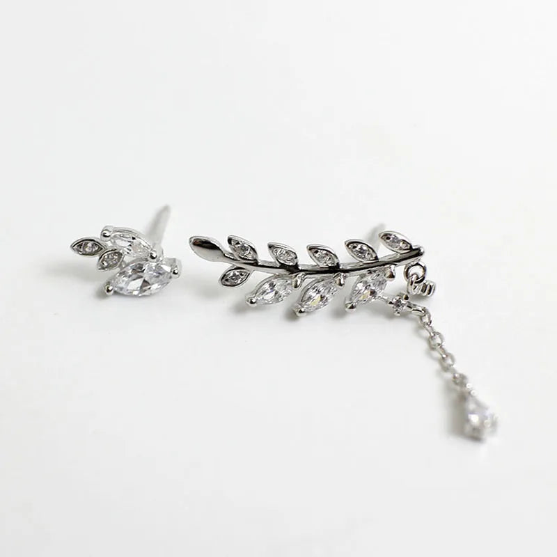 925 Silver Asymmetric Leaf Zircon Stud Earrings for Women