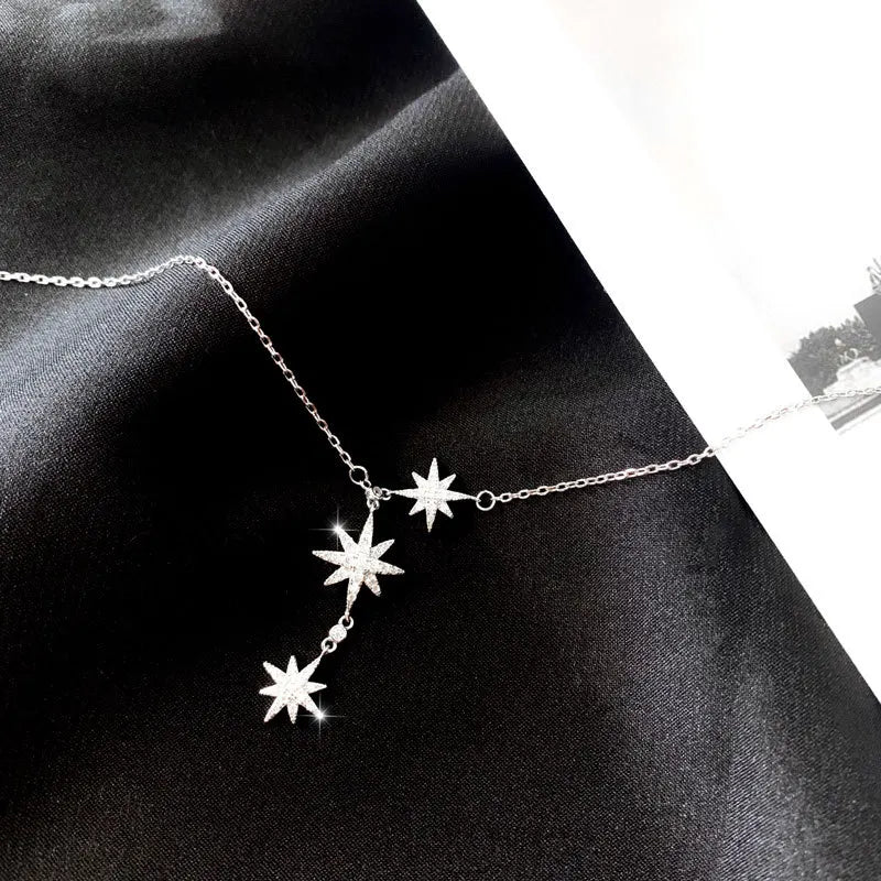 925 Silver Chain Necklace Zircon Octagonal Stars Pendant Jewelry