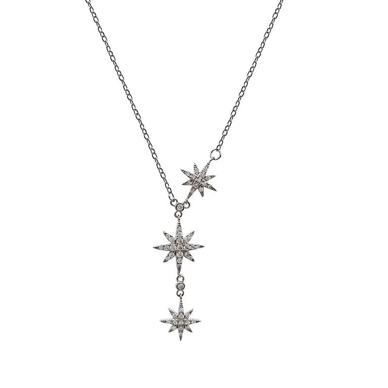 925 Silver Chain Necklace Zircon Octagonal Stars Pendant Jewelry
