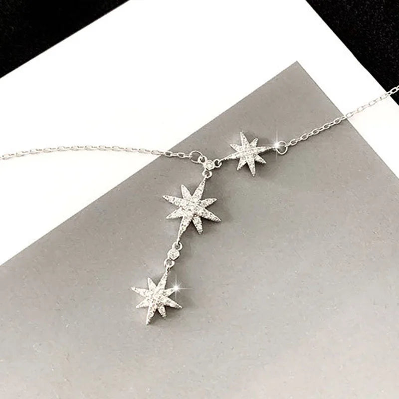 925 Silver Chain Necklace Zircon Octagonal Stars Pendant Jewelry