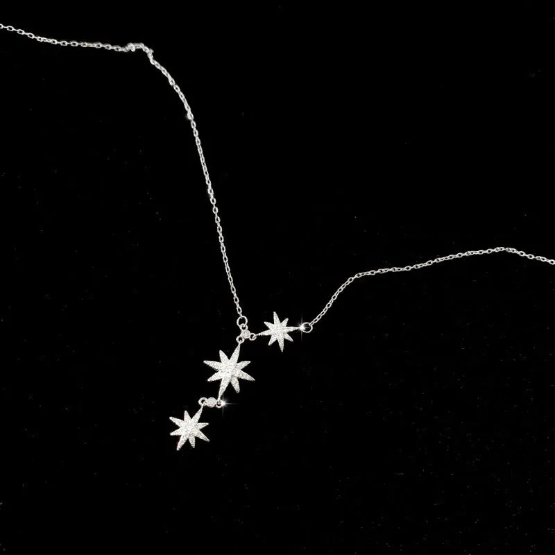 925 Silver Chain Necklace Zircon Octagonal Stars Pendant Jewelry