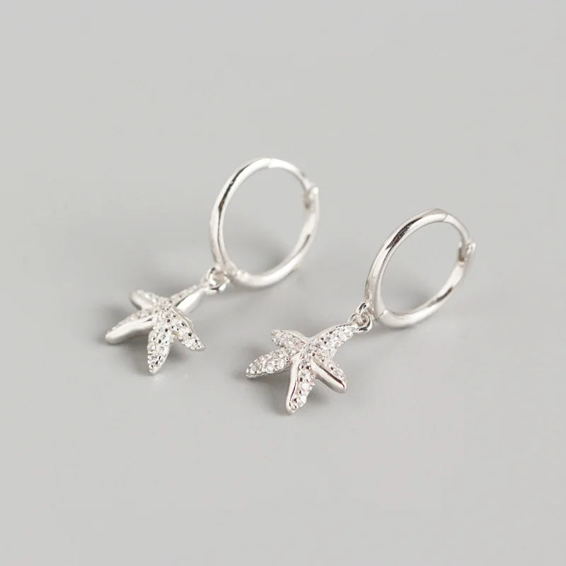 925 Silver Earrings Zircon Starfish Hoop Earring