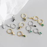 Real 925 Silver Hoop Earrings Small Green Zircon Pendant