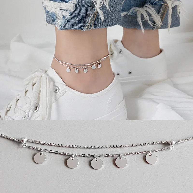 925 Sterling Silver Box Chain Disc Anklets for Women Girls YMA007