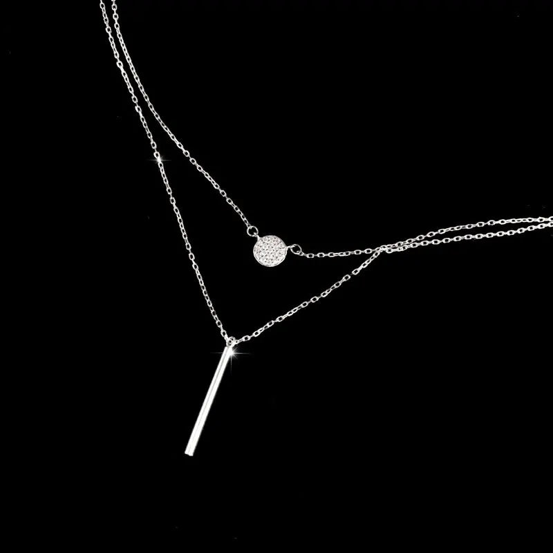 925 Silver Geometric Choker Necklace Double Layers Link Chain Jewelry