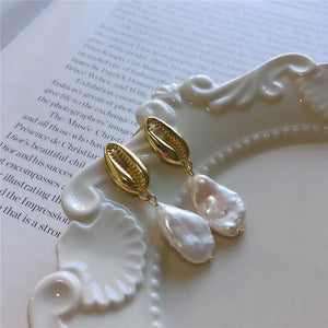 Baroque Pearl Pendant Drop Earrings 925 Sterling Silver Conch Shell Jewelry