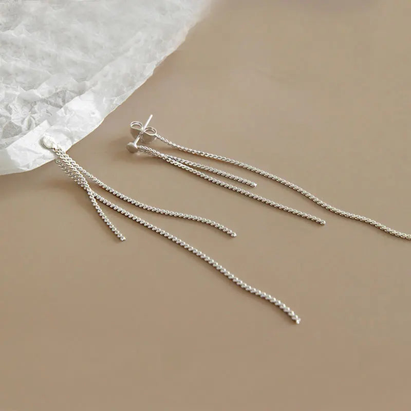 Flat Beads Long Tassel Earrings 925 Sterling Silver Brinco Jewelry