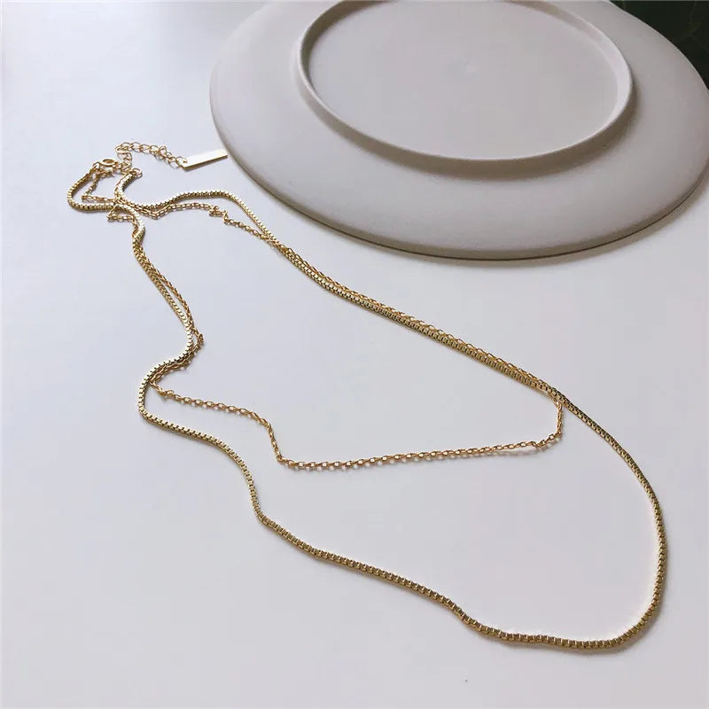 925 Silver Double Layer Box Chain Necklace YMN168