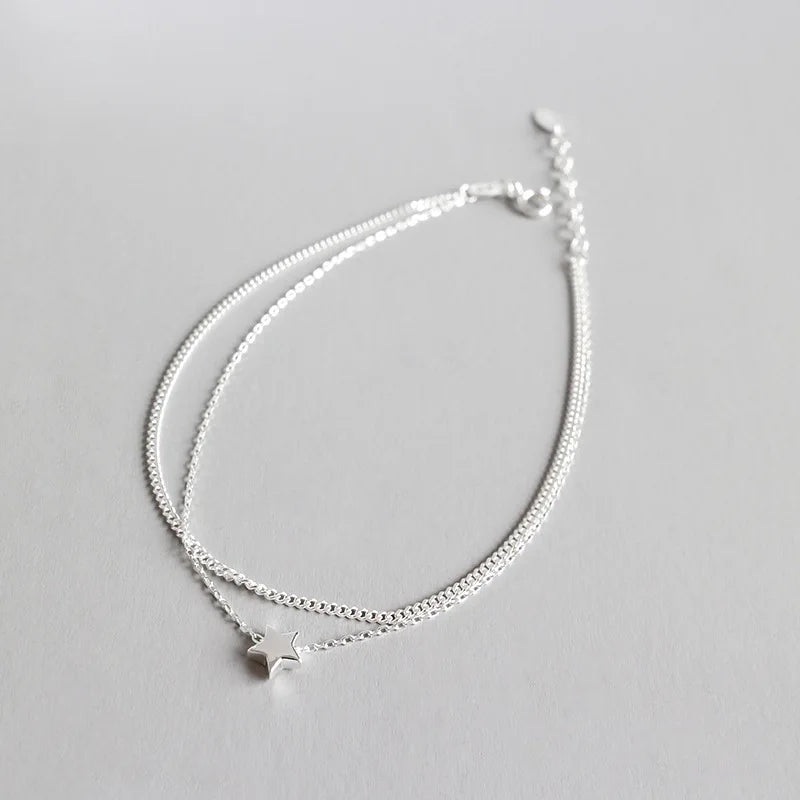 Real 925 Sterling Silver Ankle Bracelet Double Layers Star Charm Anklets