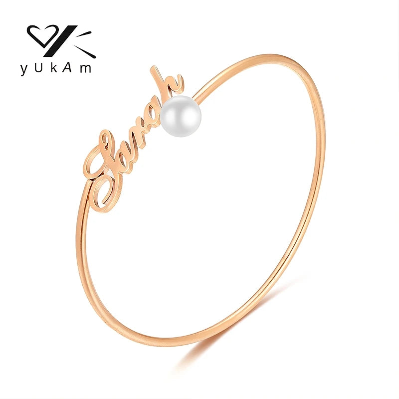 Pearl Inlaid Bangle Bracelet Stainless Steel Personalized Gift