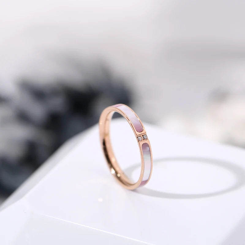 Pink Shell Zirconia Ring Couple Rose Birthday Gift Titanium Steel