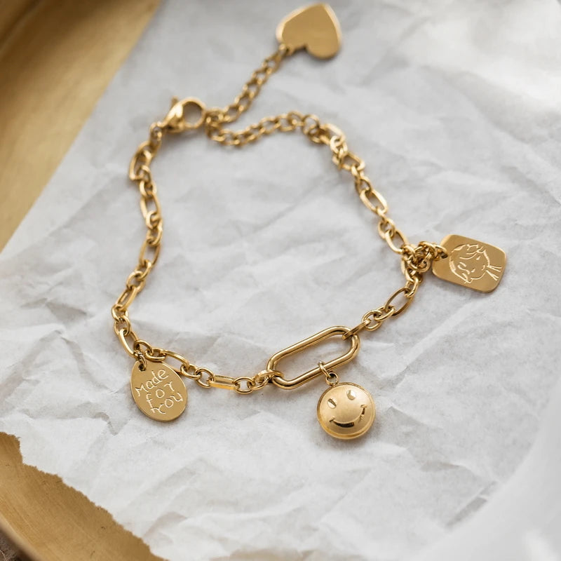 Plated Smiling Face Pendant Bracelet Stainless Steel Jewelry