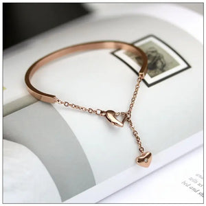 Jewelry Rose Colors Heart Pendant Bangle Cuff Bracelet Stainless Steel