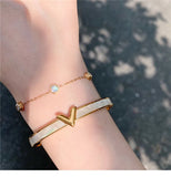 Pave Shell Letter V Bangle Plated Titanium Stainless Steel Jewelry