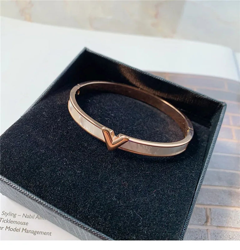 Pave Shell Letter V Bangle Plated Titanium Stainless Steel Jewelry