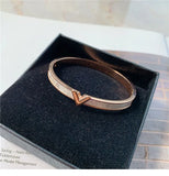 Pave Shell Letter V Bangle Plated Titanium Stainless Steel Jewelry