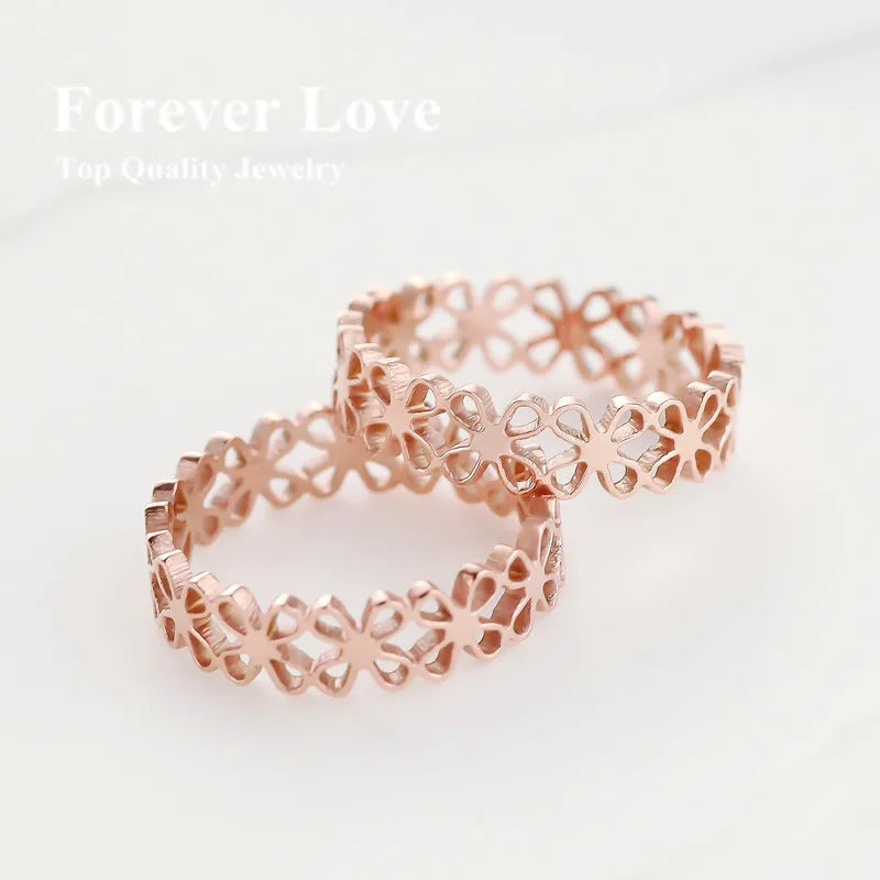 Four Leaf Clover Ring Titanium Steel Rose Jewelry Women Man Size