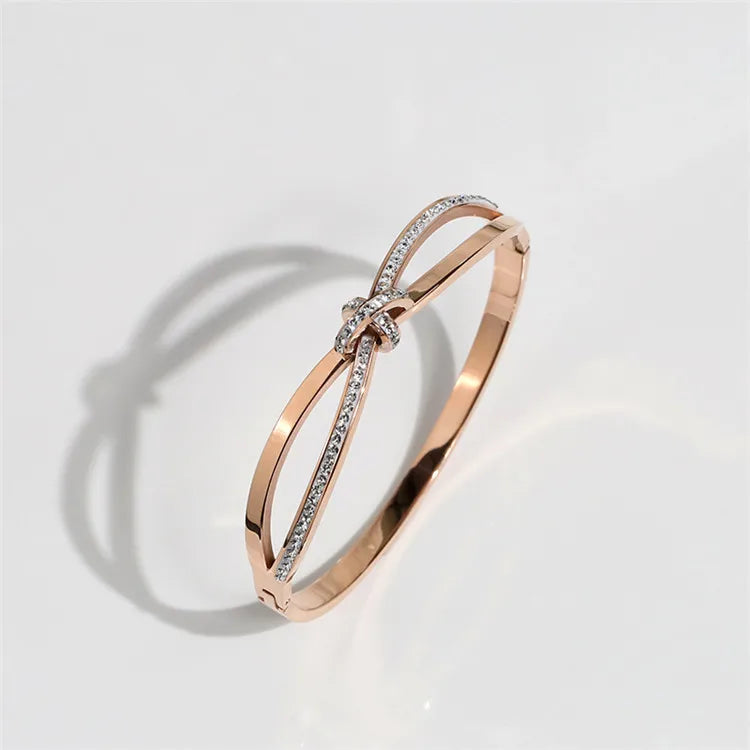 Crystal Bowknot Bangle Rose Women Birthday Gift Titanium Steel Jewelry