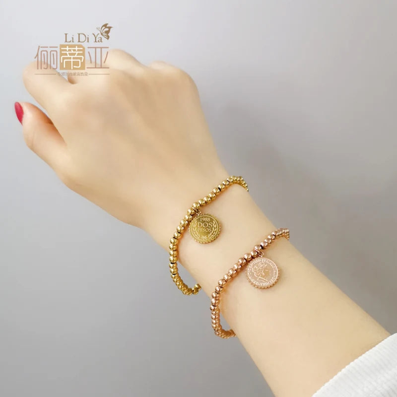Vintage Coin Stretch Bracelet Rose Titainum Steel Jewelry