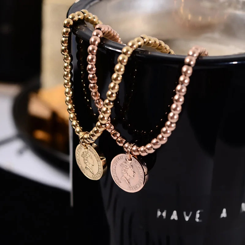 Vintage Coin Stretch Bracelet Rose Titainum Steel Jewelry