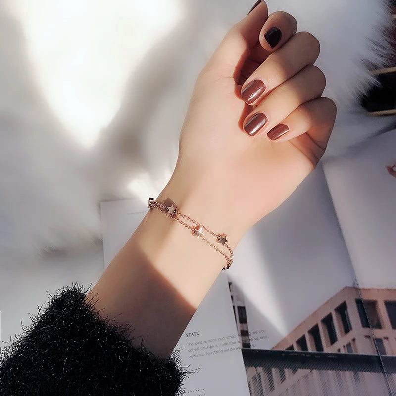 Double Layers Star Bracelet Rose Titanium Steel