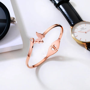 Rose Frosted Butterfly Bangle Cuff Bracelet 316L Stainless Steel