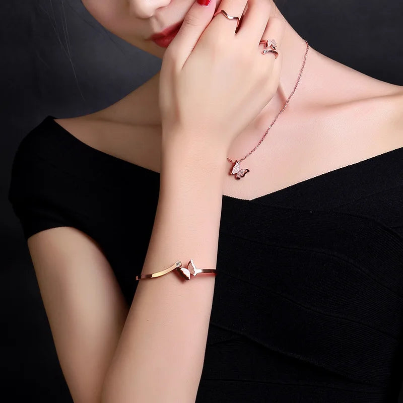 Rose Frosted Butterfly Bangle Cuff Bracelet 316L Stainless Steel