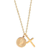 Vintage Queen Coin Cross Pendant Necklace Rose Titanium Steel