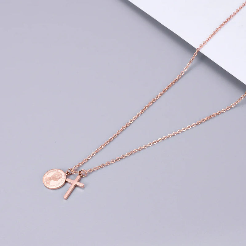 Vintage Queen Coin Cross Pendant Necklace Rose Titanium Steel