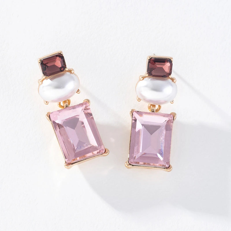 Pink Rhinestone Pearl Drop Earrings Geometric Earring for Women YT1443