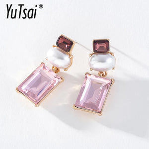 Pink Rhinestone Pearl Drop Earrings Geometric Earring for Women YT1443