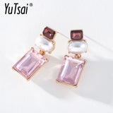 Pink Rhinestone Pearl Drop Earrings Geometric Earring for Women YT1443