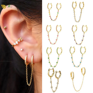 925 Silver Double Hole Chain Crystal Zircon Hoop Earrings for Women