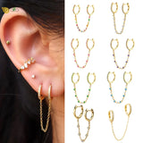 925 Silver Double Hole Chain Crystal Zircon Hoop Earrings for Women