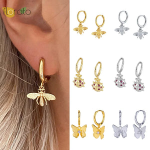 925 Silver Insect Pendant Hoop Earrings