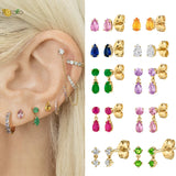 925 Silver Crystal Stud Earrings Colorful Water Drop