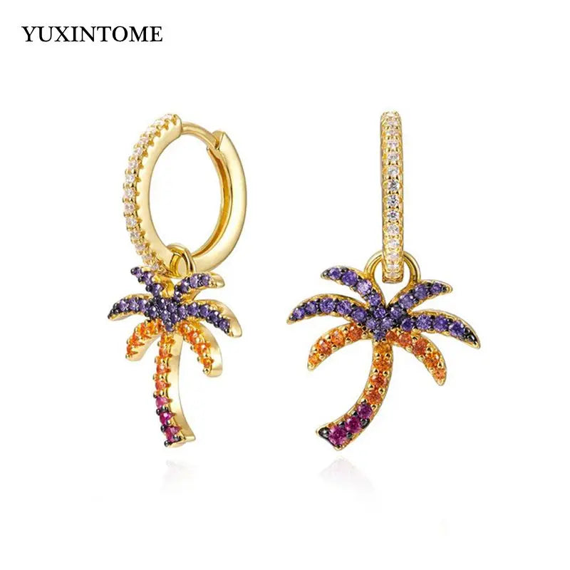 925 Silver Coconut Tree Huggie Earrings with Zircon Crystal