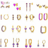 925 Silver Ear Needle Hoop Earrings Purple Water Drop/Cross/Rectangle