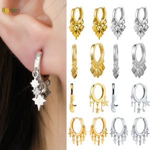 925 Silver Hoop Earrings Cross/Star/Moon Tassel Drop Earings