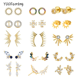 925 Silver Sun Rays Stud Earrings Zircon Jewelry